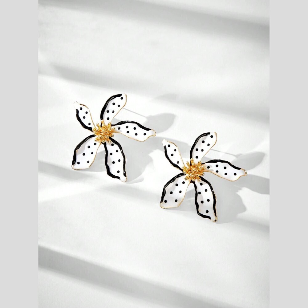 White Polka Dot Enamel Flower Petal Stud Earrings